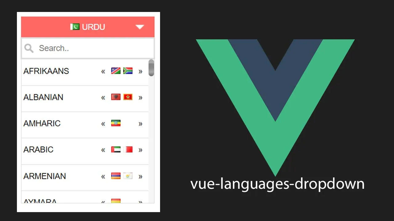Vue2 Languages dropdown component with search functionality