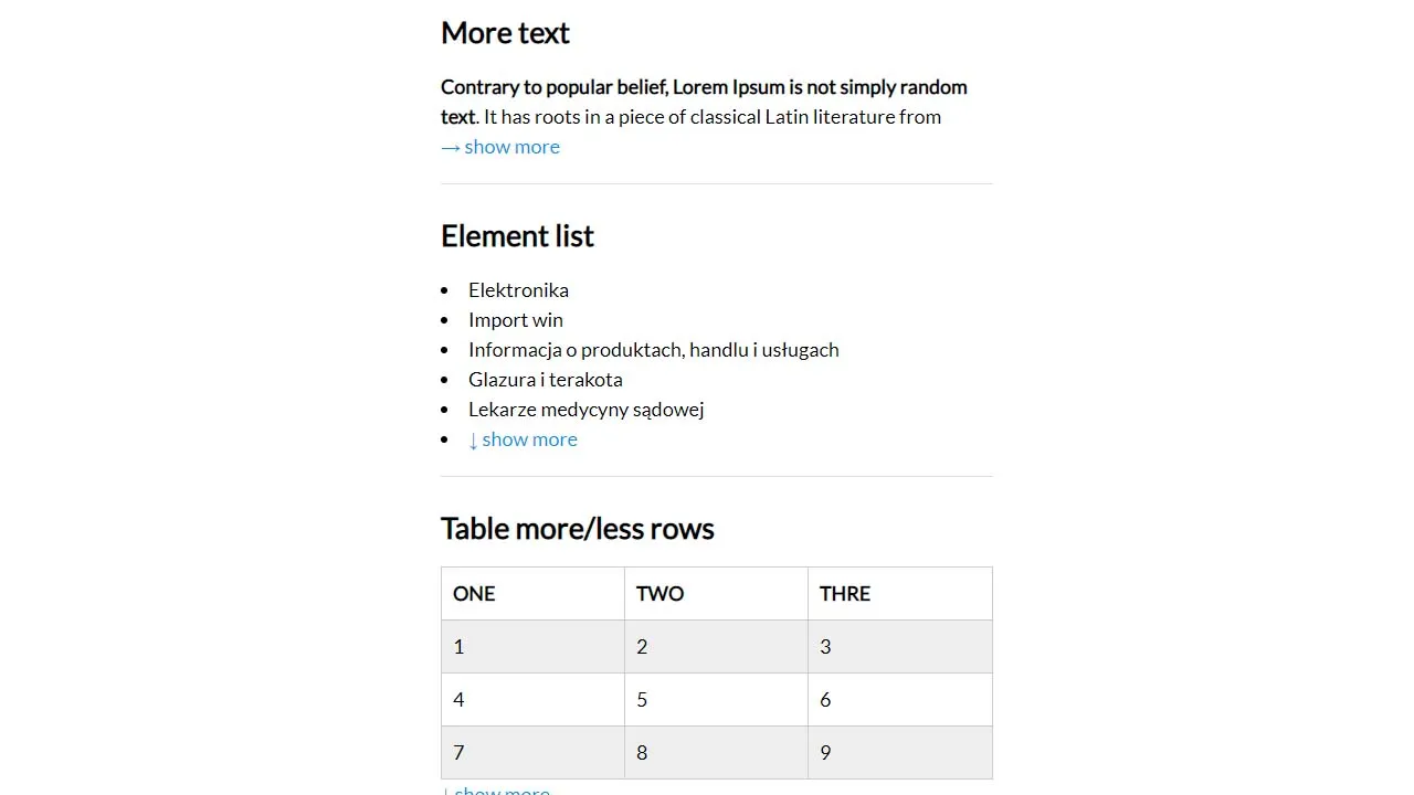 JavaScript library that truncates text, list or table by chars, elements or rows