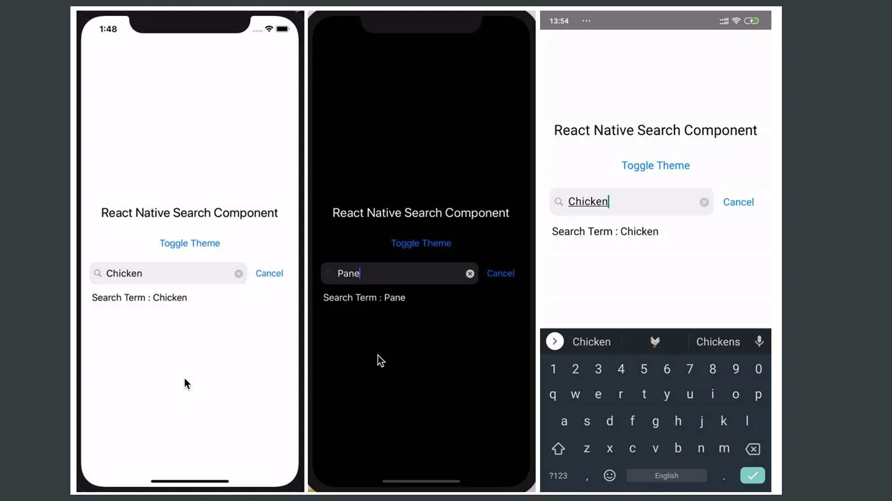 React Native Search Bar  inspired by iOS UISearchBar with Dark Mode