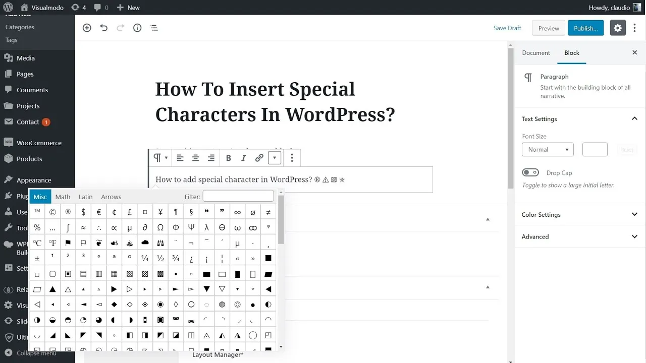 Add Special Character and Symbols In WordPress Block Editor