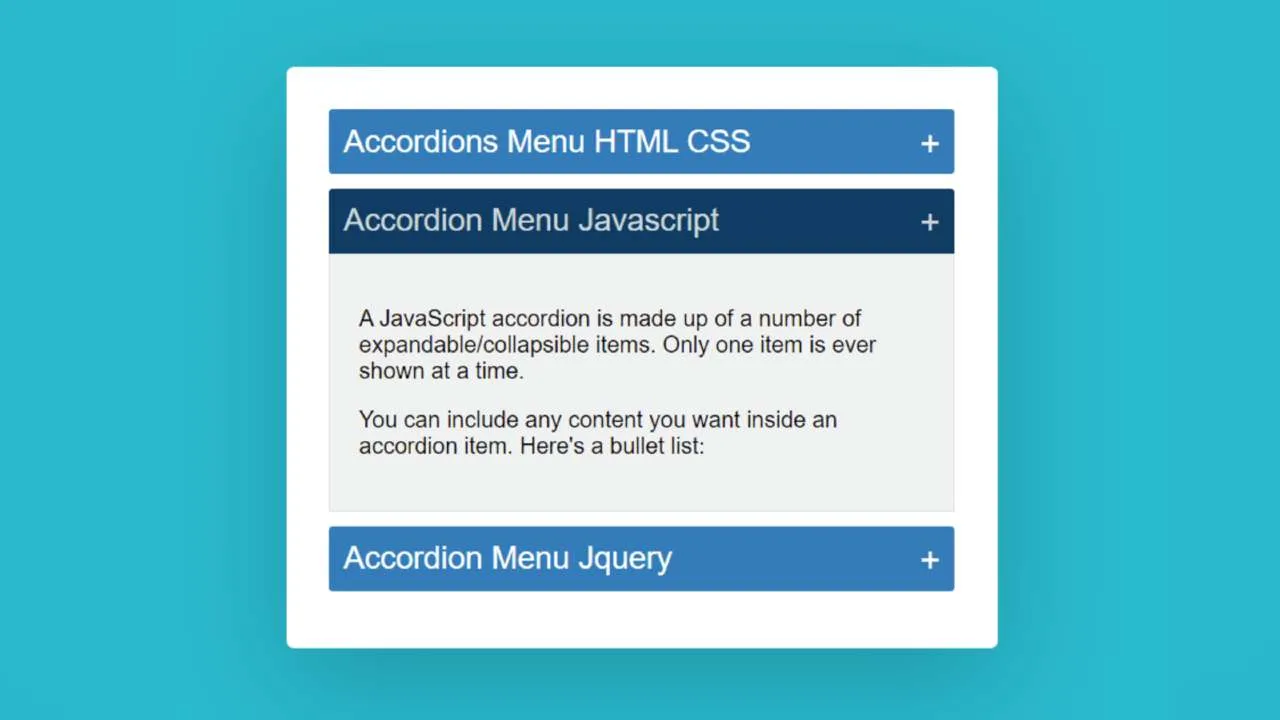 Create Simple Accordion Menu using HTML, CSS & JavaScript