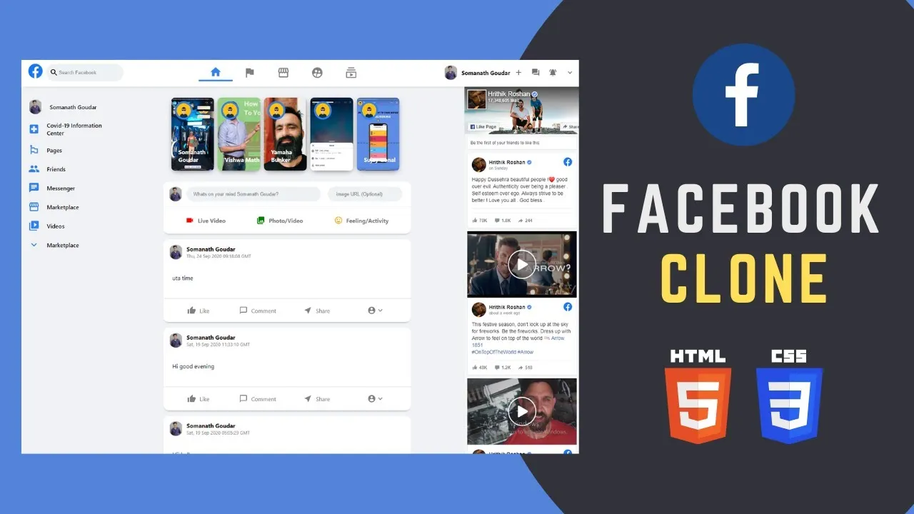 Build Responsive Facebook Clone using HTML & CSS for Beginners 