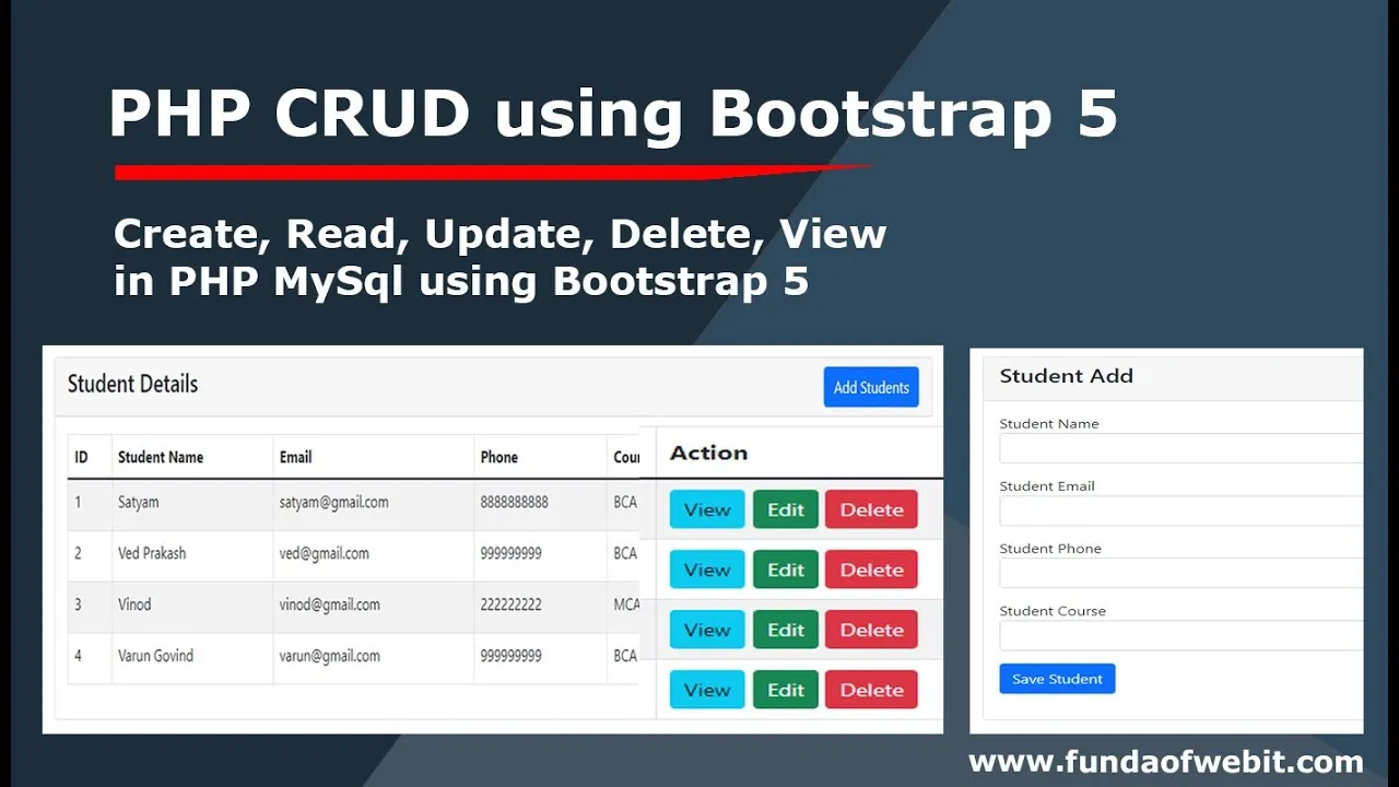 PHP CRUD | Create, Read, Update, Delete, View using PHP MySql using Bootstrap 5 