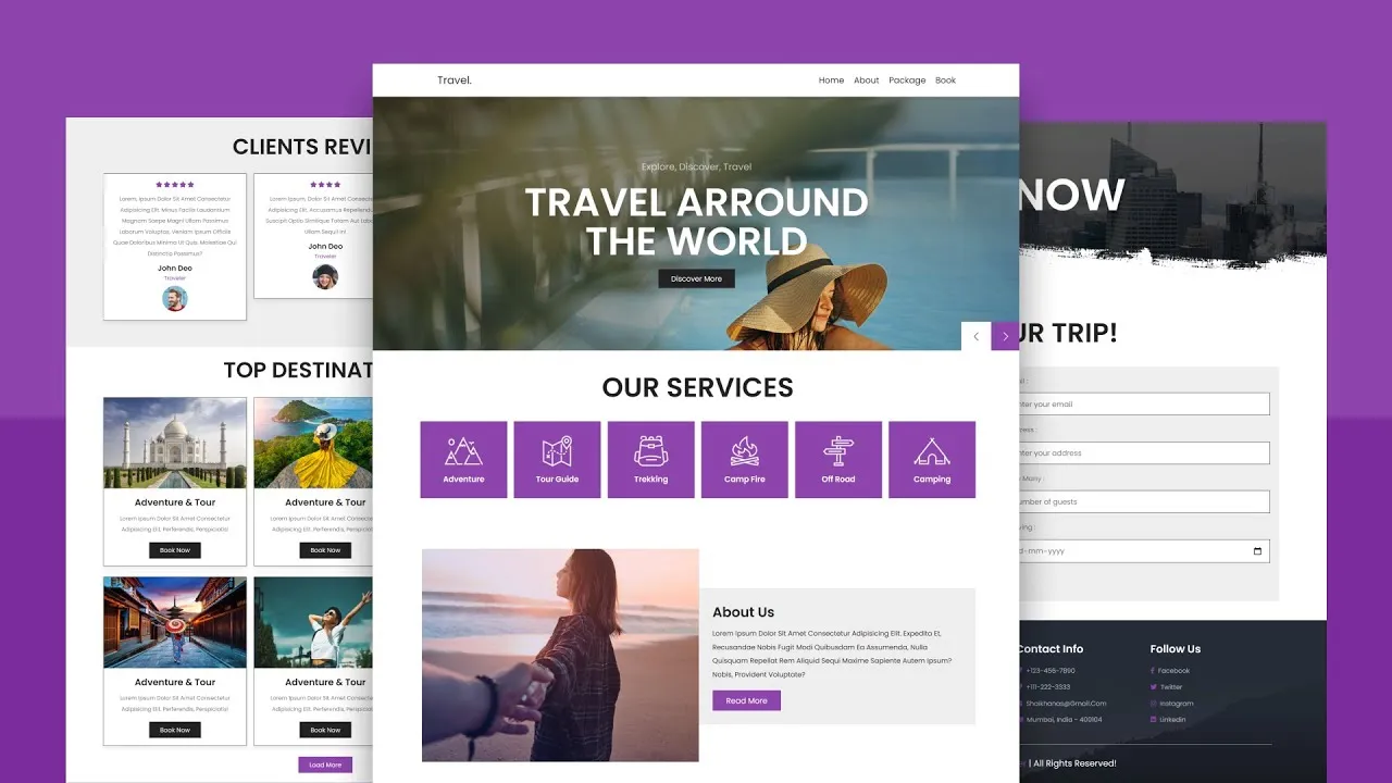 Responsive Travel & Tour Website Design Using HTML, CSS , JavaScript  & PHP, MySQL