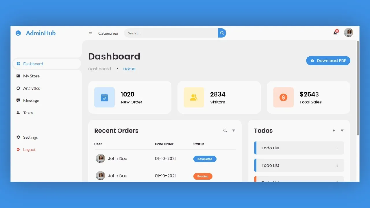 Responsive Admin Dashboard Using HTML, CSS And JavaScript With Source Code