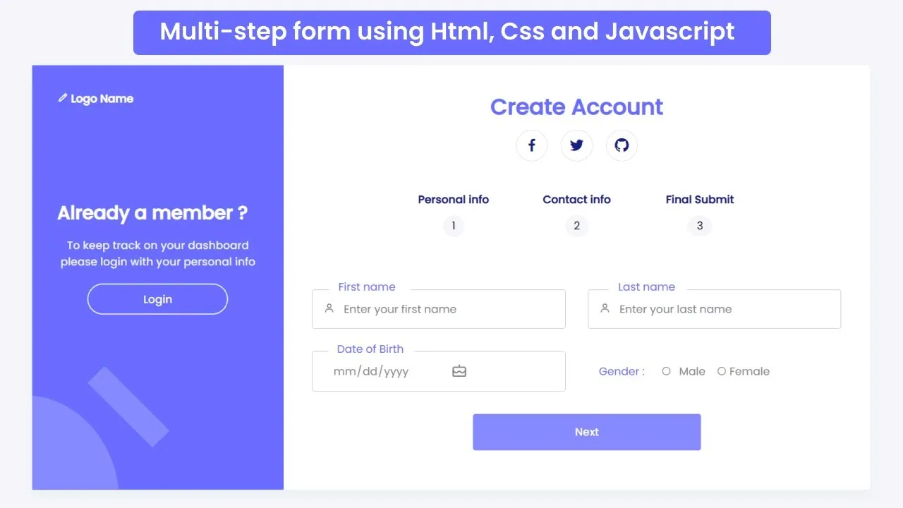 Multi-step Registration Form Using HTML, CSS And JavaScript