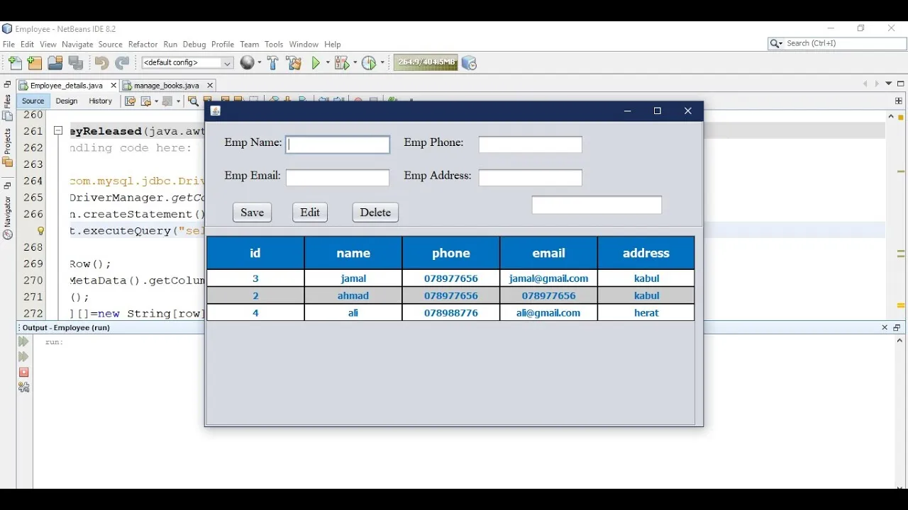 Insert, Select, Delete and Update from Database in Java