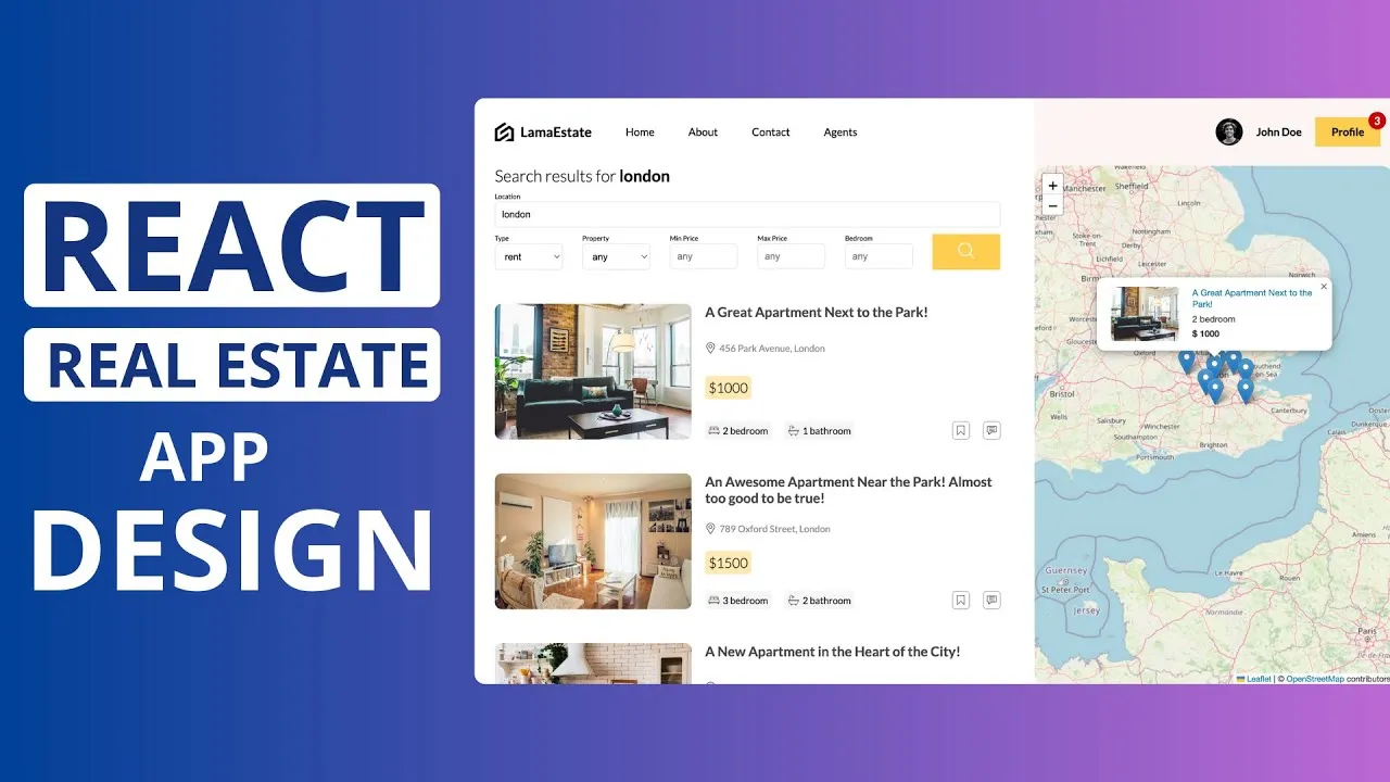 Real Estate Responsive UI Design Project with HTML, CSS and React Map
