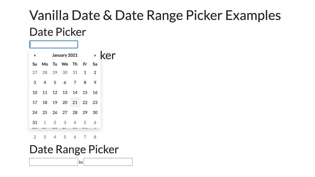Vanilla JavaScript Date & Date Range Picker For The Web